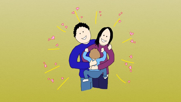 Hand drawn family with love hearts all around them.