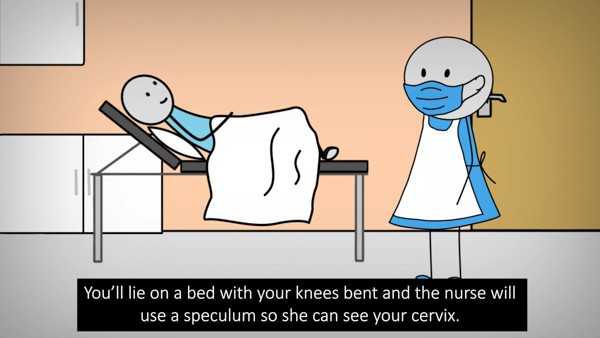 Screenshot from animation showing a woman lying on a doctors bed.